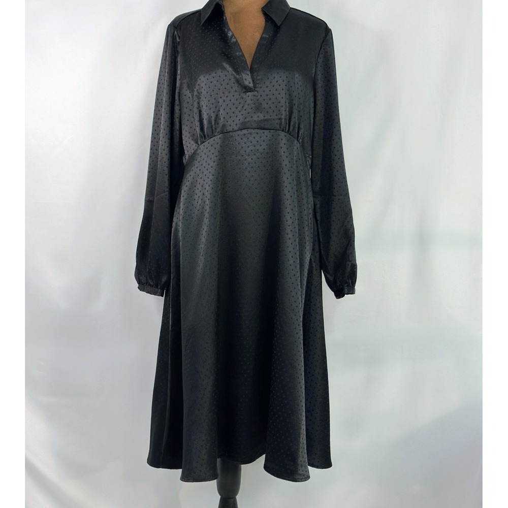 Spense Satin Polka Dot Midi Dress Womens 10 Black Empire Waist‎ Collared